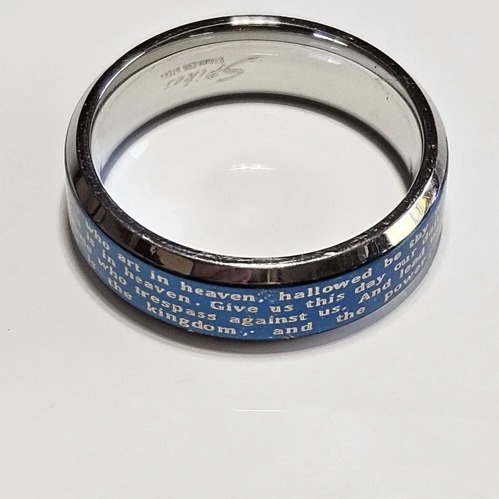 Stainless Steel Two Toned Blue IP & Silver Lord's Prayer Ring Size 7